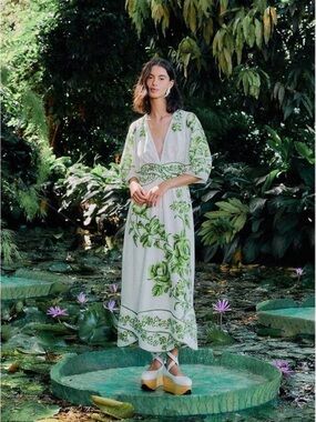 NWT FARM Rio Off-White Green Floral Cascade LENZING ECOVEROEuroflax MidiDress XS